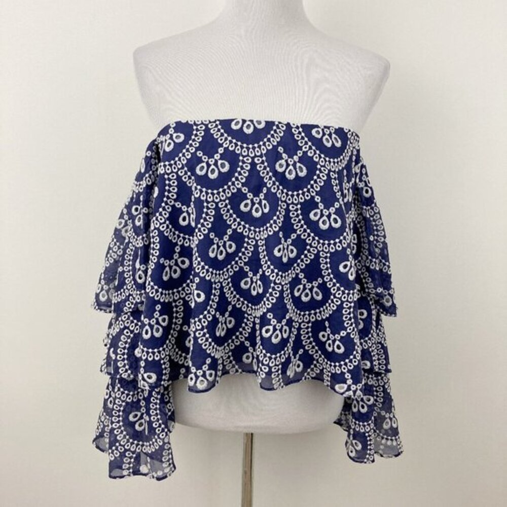 Caroline Constas Off The Shoulder Embroidered‎ Blouse Size M Blue Silk Ruffled